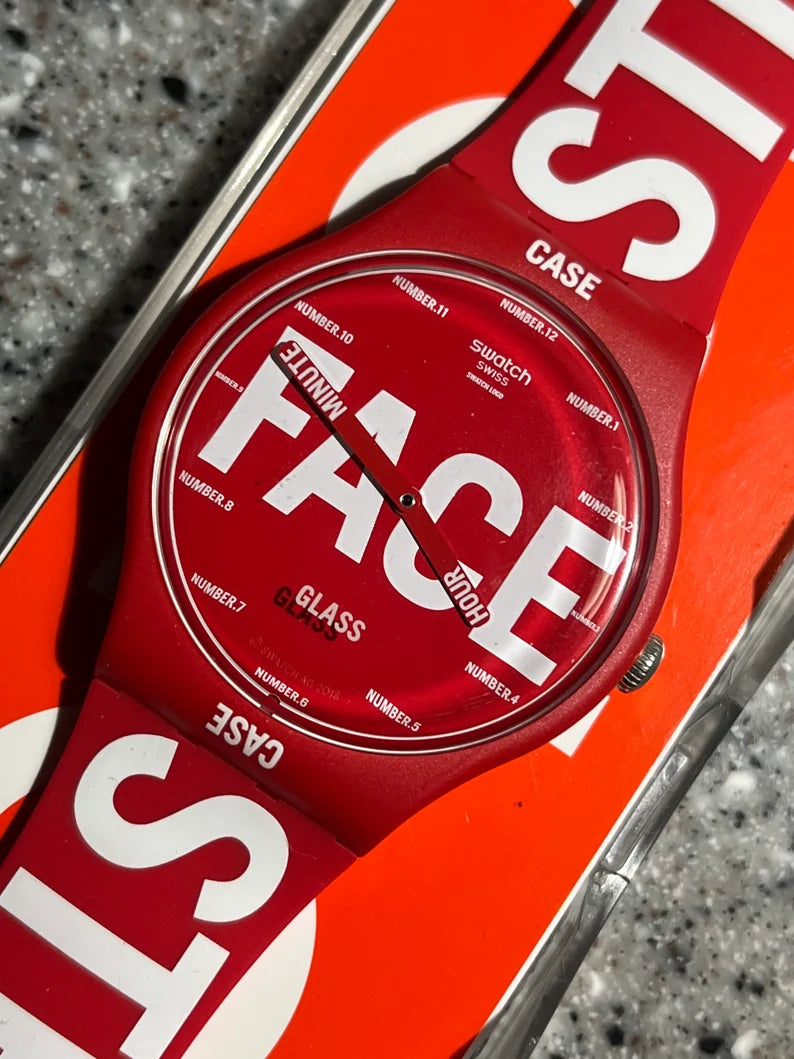 Swatch Watch parts of a Swiss Swatch Watch Red and White 41mm face each part labeled NEW never worn with a battery and box GREAT swatch