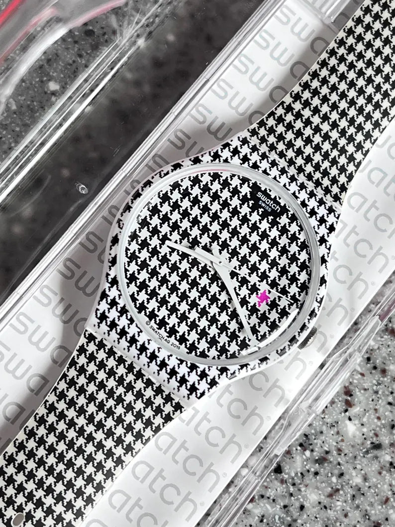 Swatch Watch 41mm face never worn in original box new with battery flexible band for everyday wear CHICKEN run swatch pink chicken running