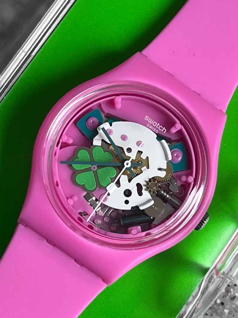 New Unworn Swatch Watch 34mm flexible band everyday wear LUCKY 4 leaf skeleton pink and jelly swatch watch with battery and box fabulous fun